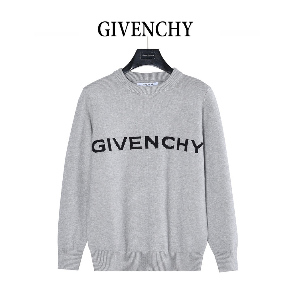 Grey knit crewneck sweater with black GIVENCHY logo on chest