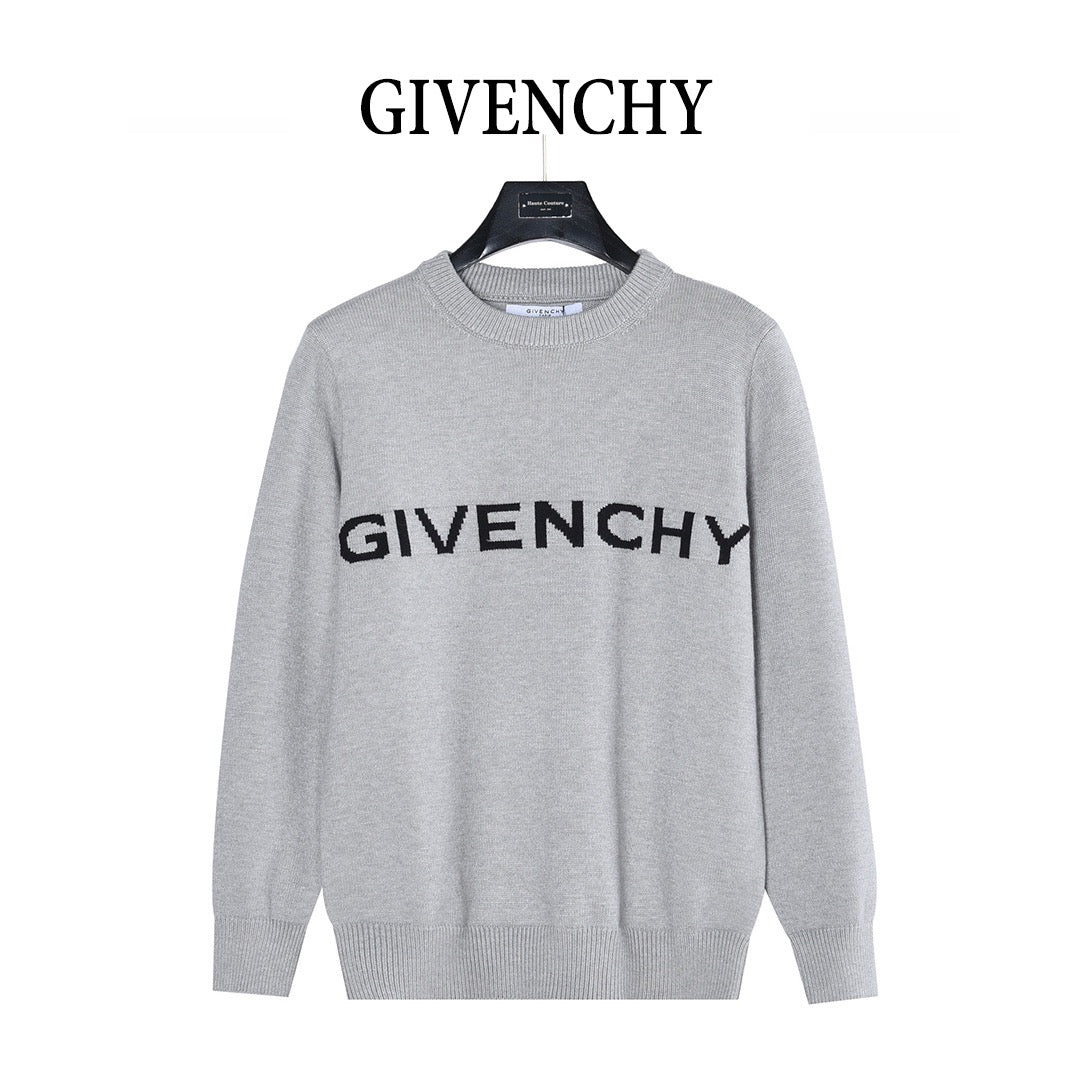 Grey knit crewneck sweater with black GIVENCHY logo on chest