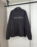 Black hoodie sweatshirt with hood, kangaroo pocket, and beaded "Vuitton" logo on chest