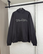 Black hoodie sweatshirt with hood, kangaroo pocket, and beaded "Vuitton" logo on chest