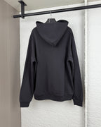 Black hoodie sweatshirt with attached hood and kangaroo pocket, back view