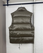 Prada long puffer vest back in olive with quilted panels and drawstring hem