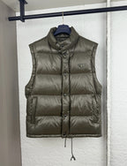 Prada long puffer vest in olive with stand collar, button front, and chest logo