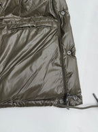 Prada long puffer coat, olive-gray, front zipper and snap buttons