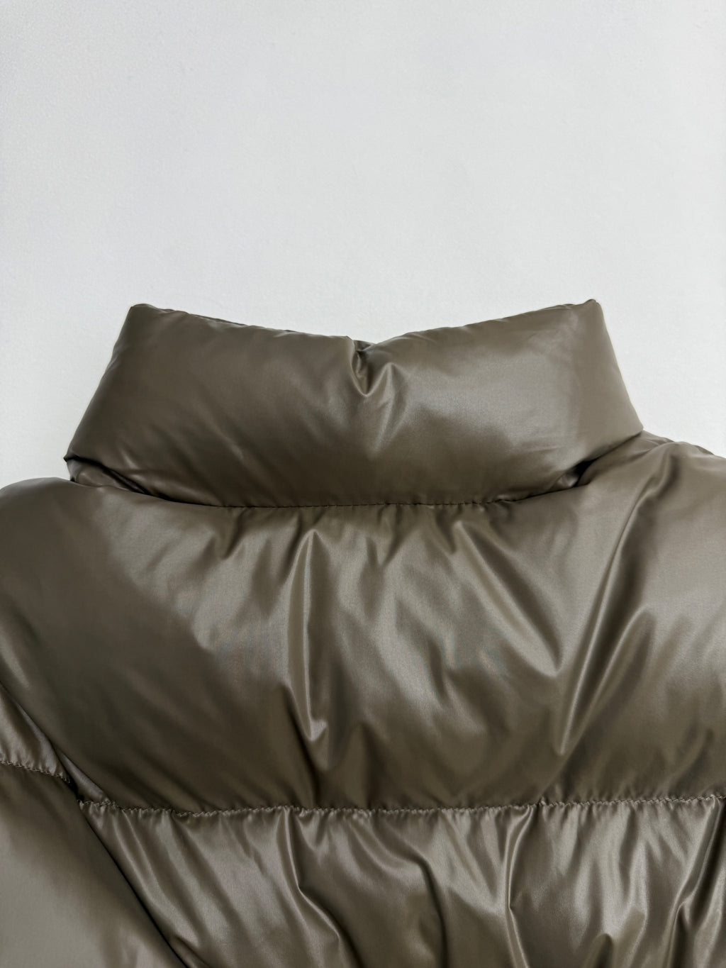 Prada long puffer coat collar, olive-gray quilted panels