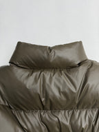 Prada long puffer coat collar, olive-gray quilted panels