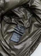 Prada long puffer coat with care tag, olive-gray fabric