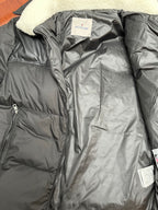 Moncler long puffer jacket, dark gray with front zipper and quilted panels