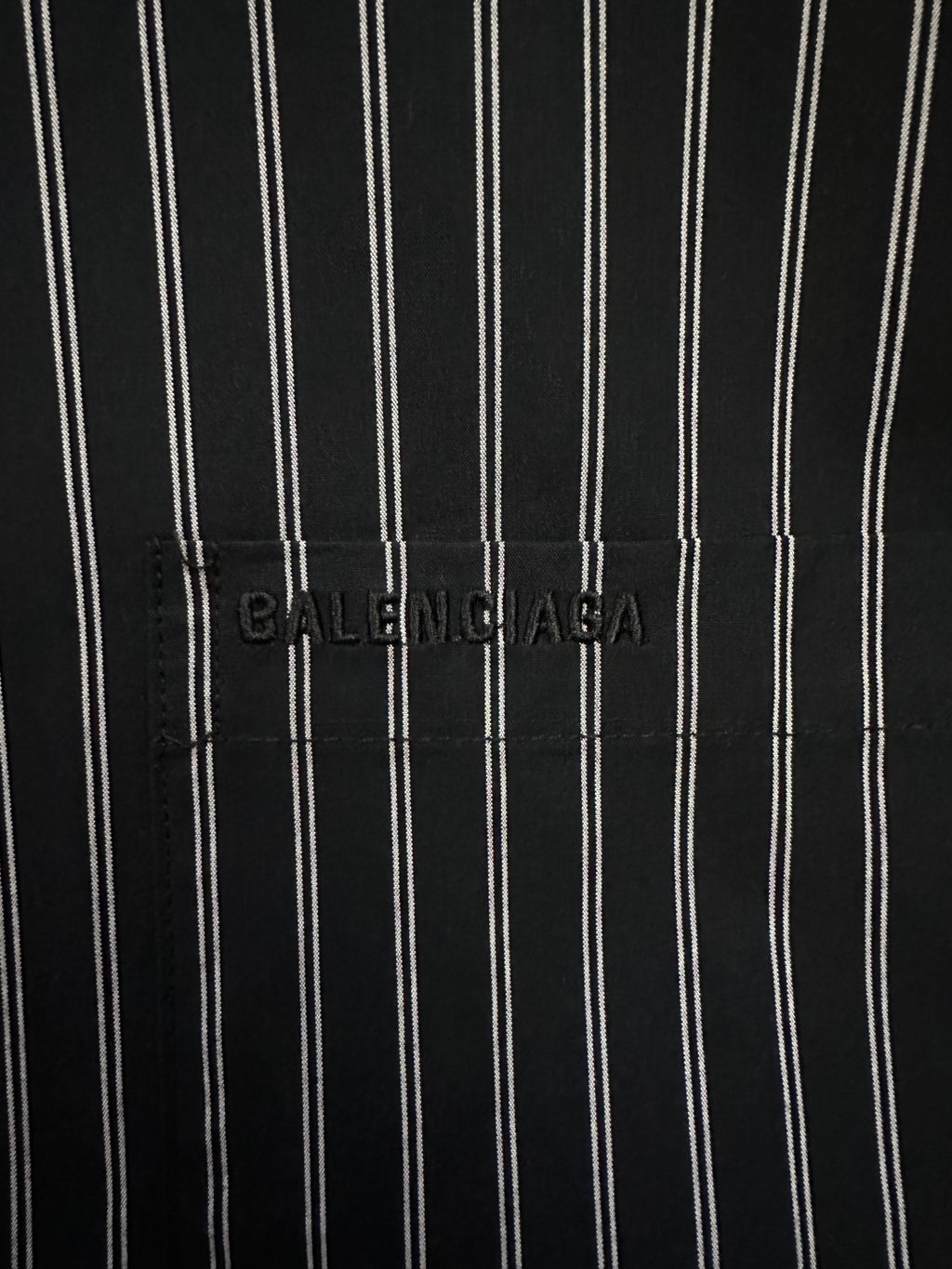 Balenciaga striped shirt fabric, dark navy with white vertical pinstripes