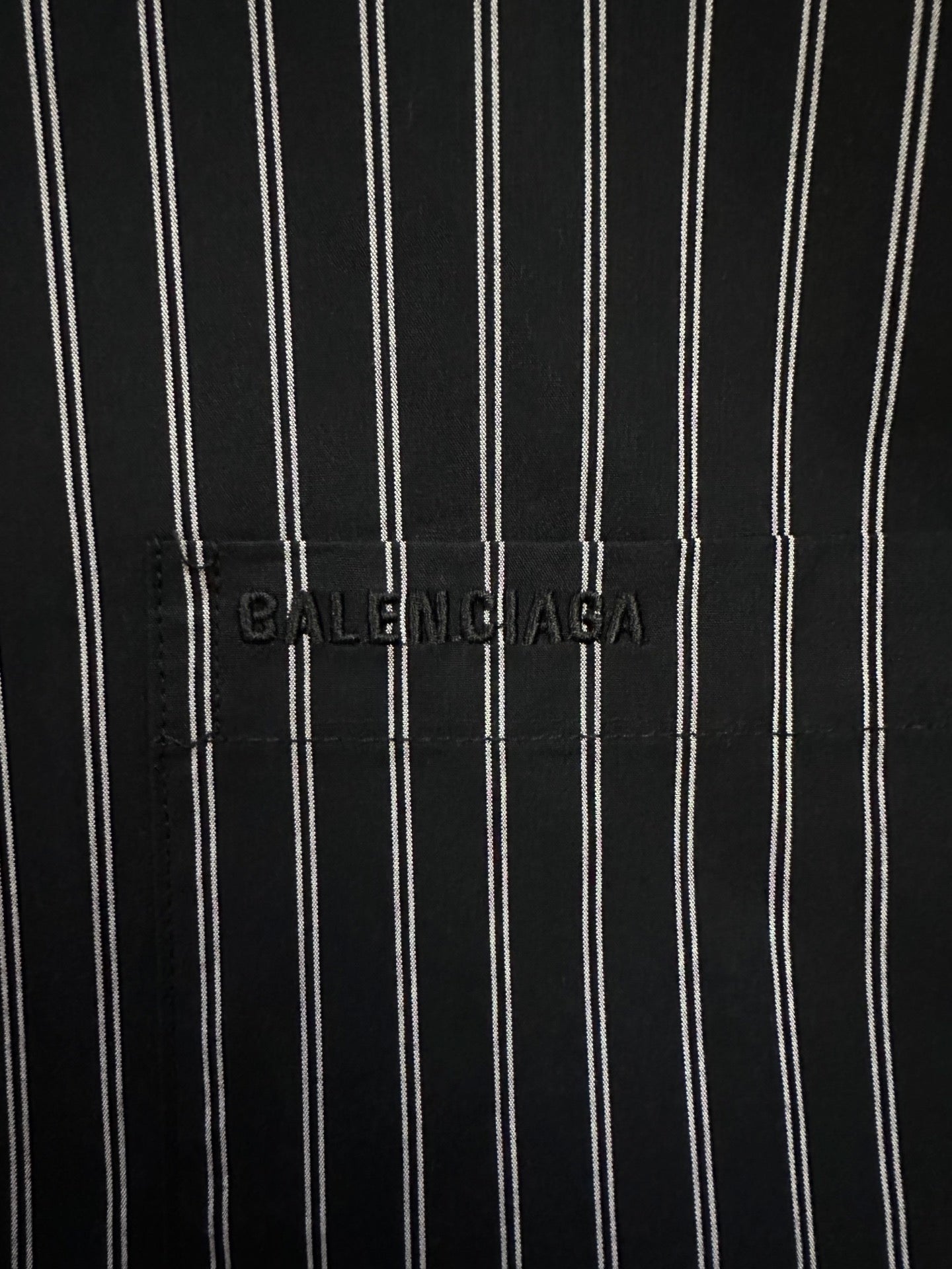 Balenciaga striped shirt fabric, dark navy with white vertical pinstripes