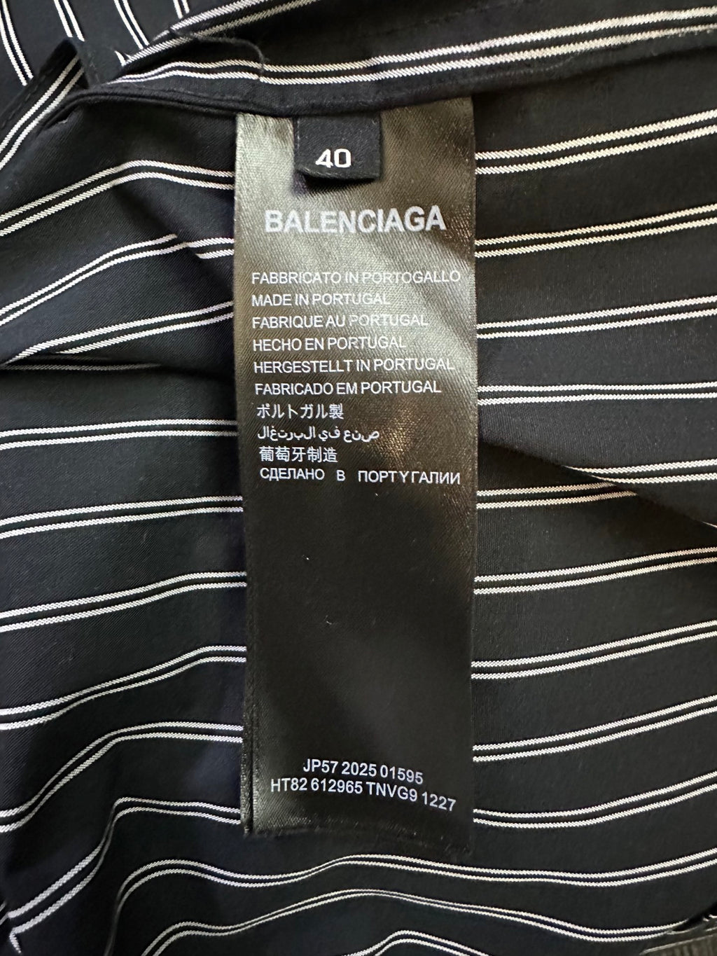 Balenciaga size 40 label on striped shirt, dark navy with white vertical pinstripes