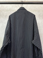 Long-sleeve striped button-up shirt, dark navy with white vertical stripes, back neckline