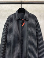 Long-sleeve striped button-up shirt with point collar, dark navy and white pinstripes