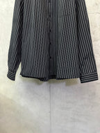 Long-sleeve striped button-up shirt, dark navy with white vertical stripes, button front