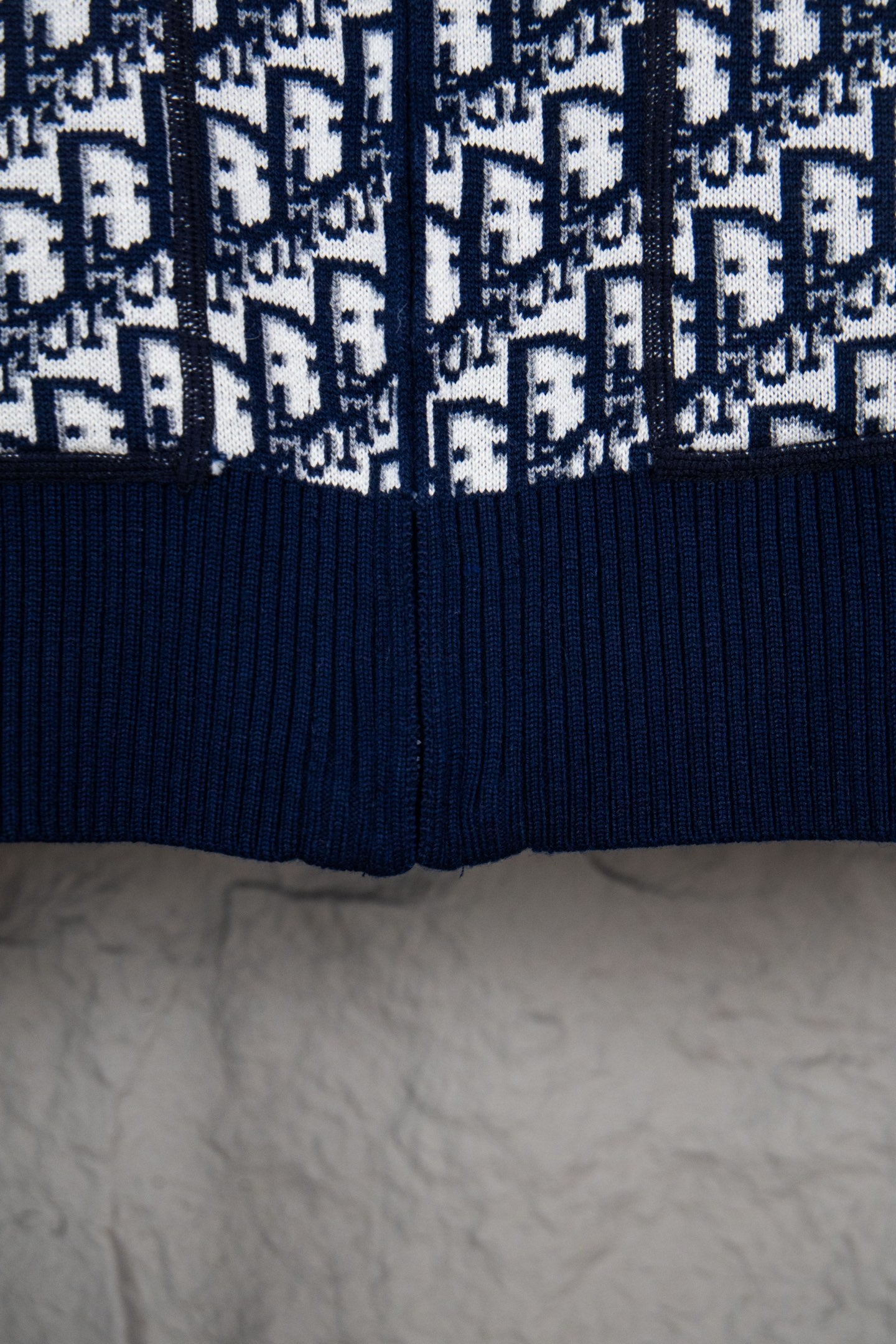 Dior sweater hem ribbing and monogram knit, navy bottom edge