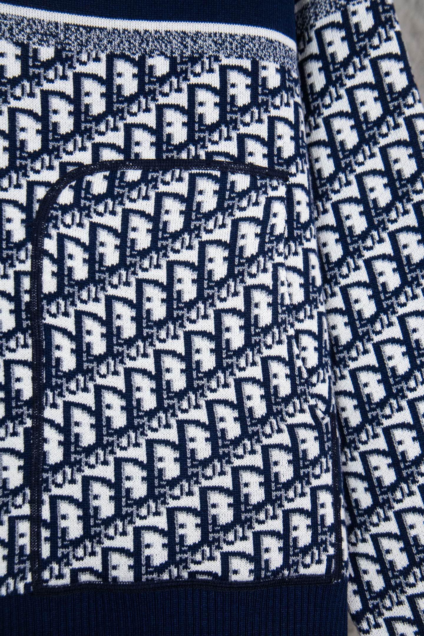 Dior long-sleeve knit sweater detailed monogram texture, ribbed navy hem