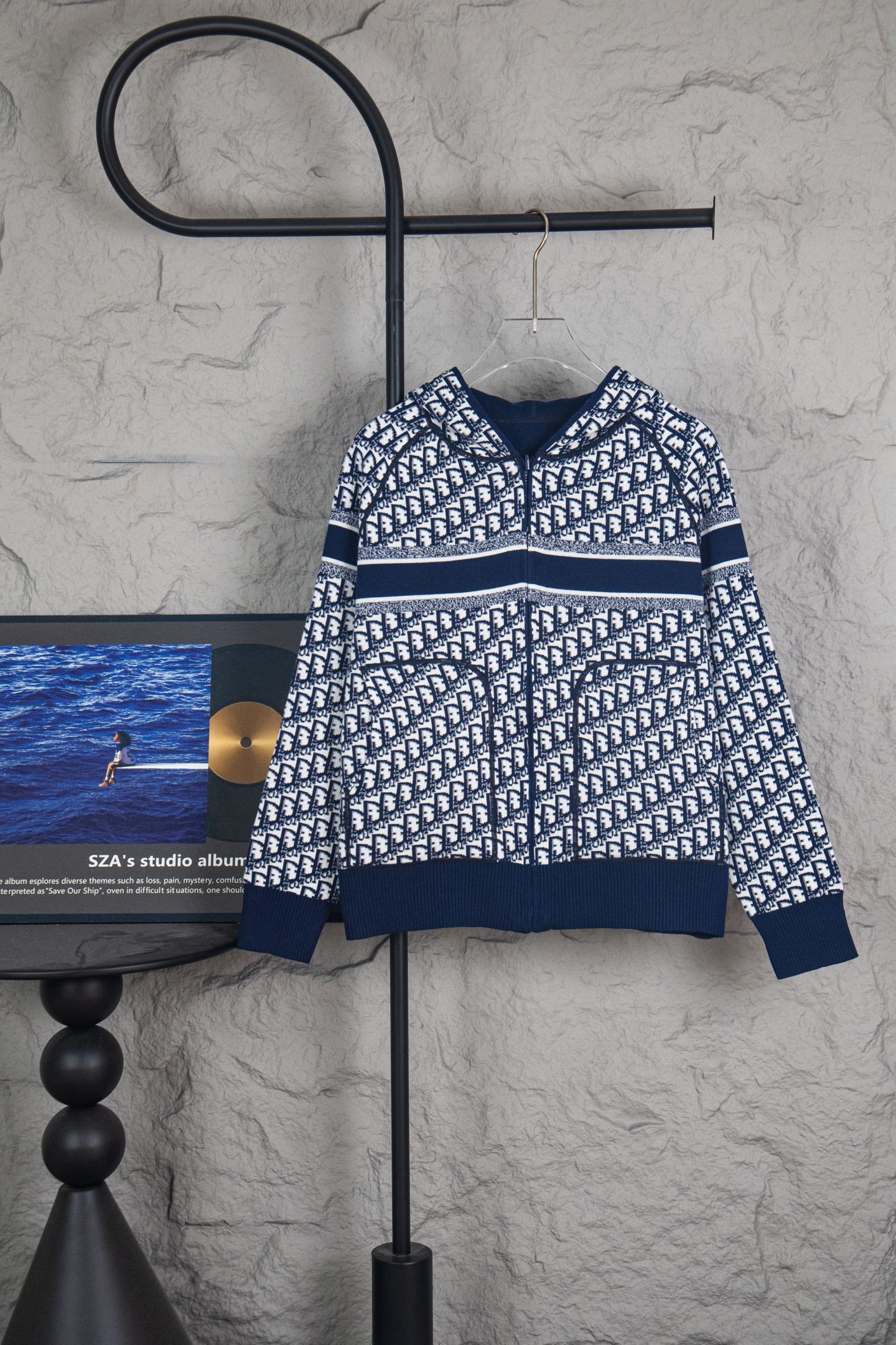 Dior long-sleeve knit sweater with navy and white monogram pattern, ribbed hem