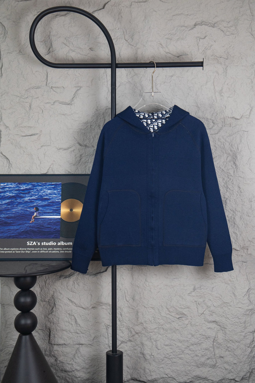 Navy Dior long-sleeve zip-up hoodie with hood and knit cuffs