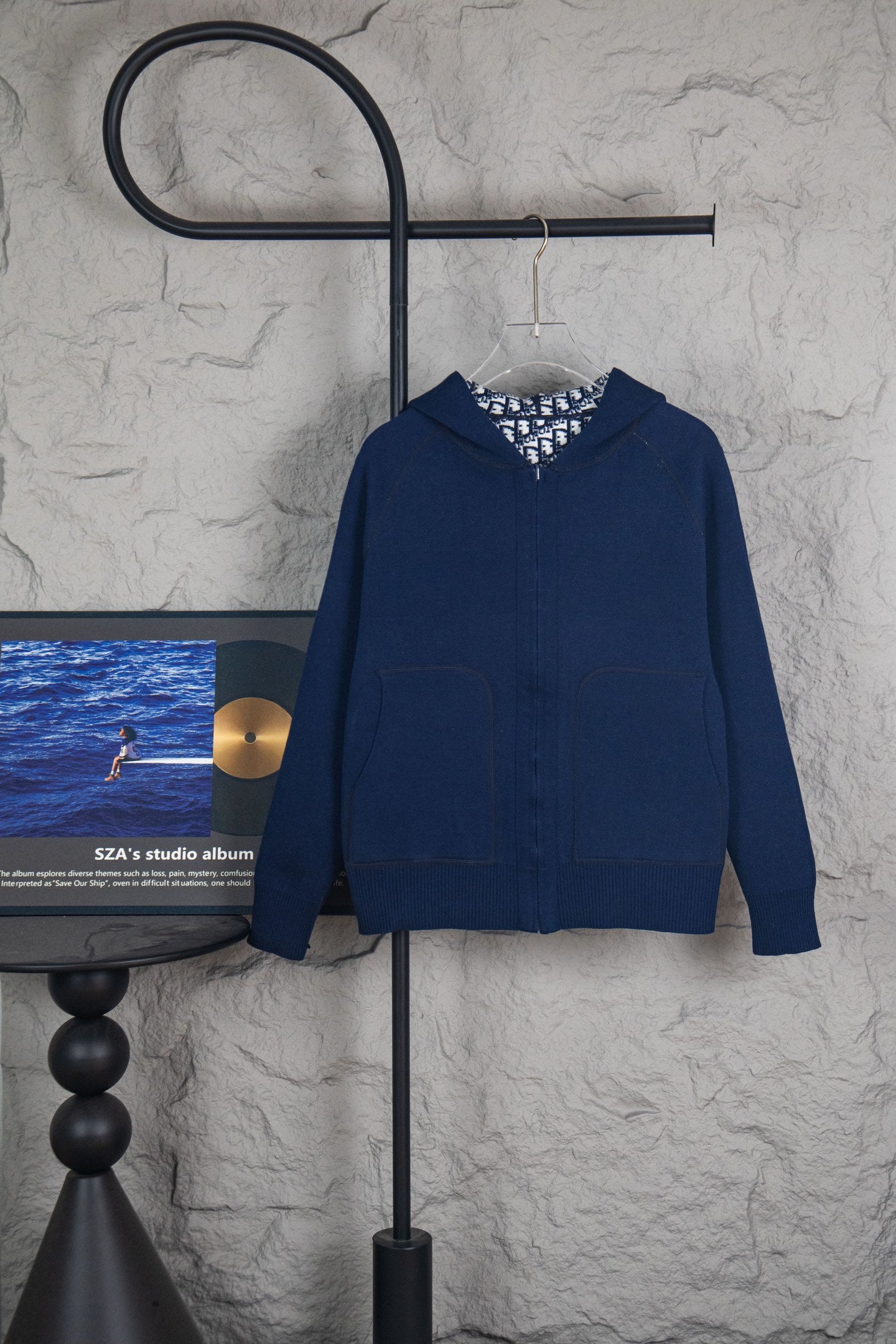 Navy Dior long-sleeve zip-up hoodie with hood and knit cuffs