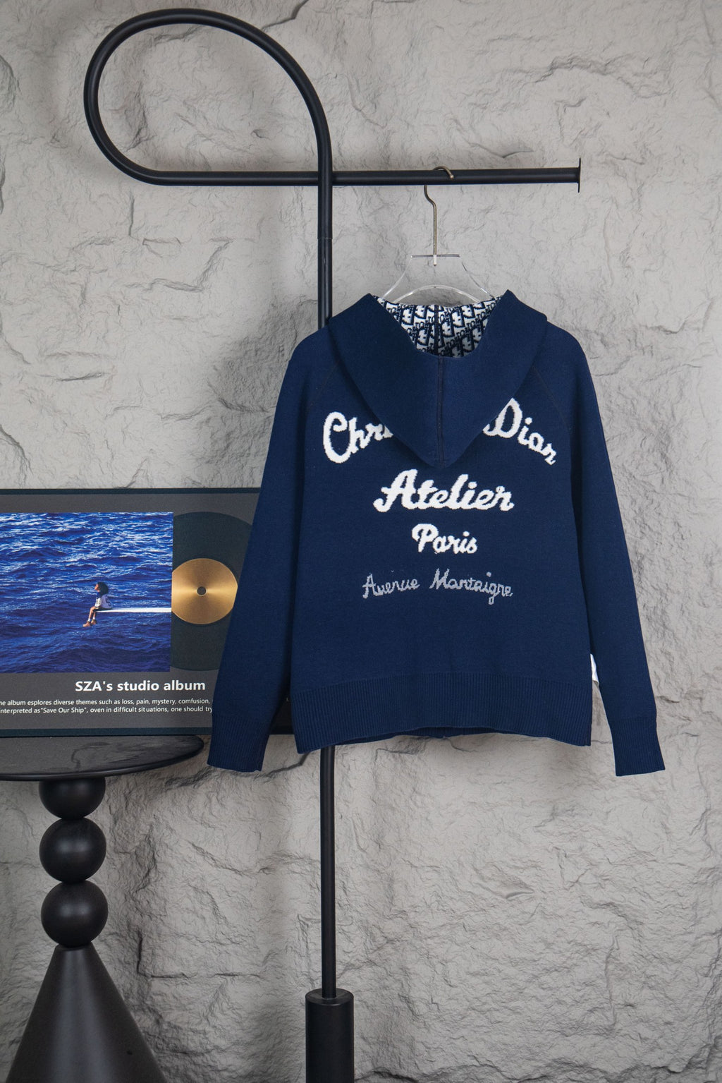 Navy Dior zip-up hoodie with large front logo print and patterned hood trim