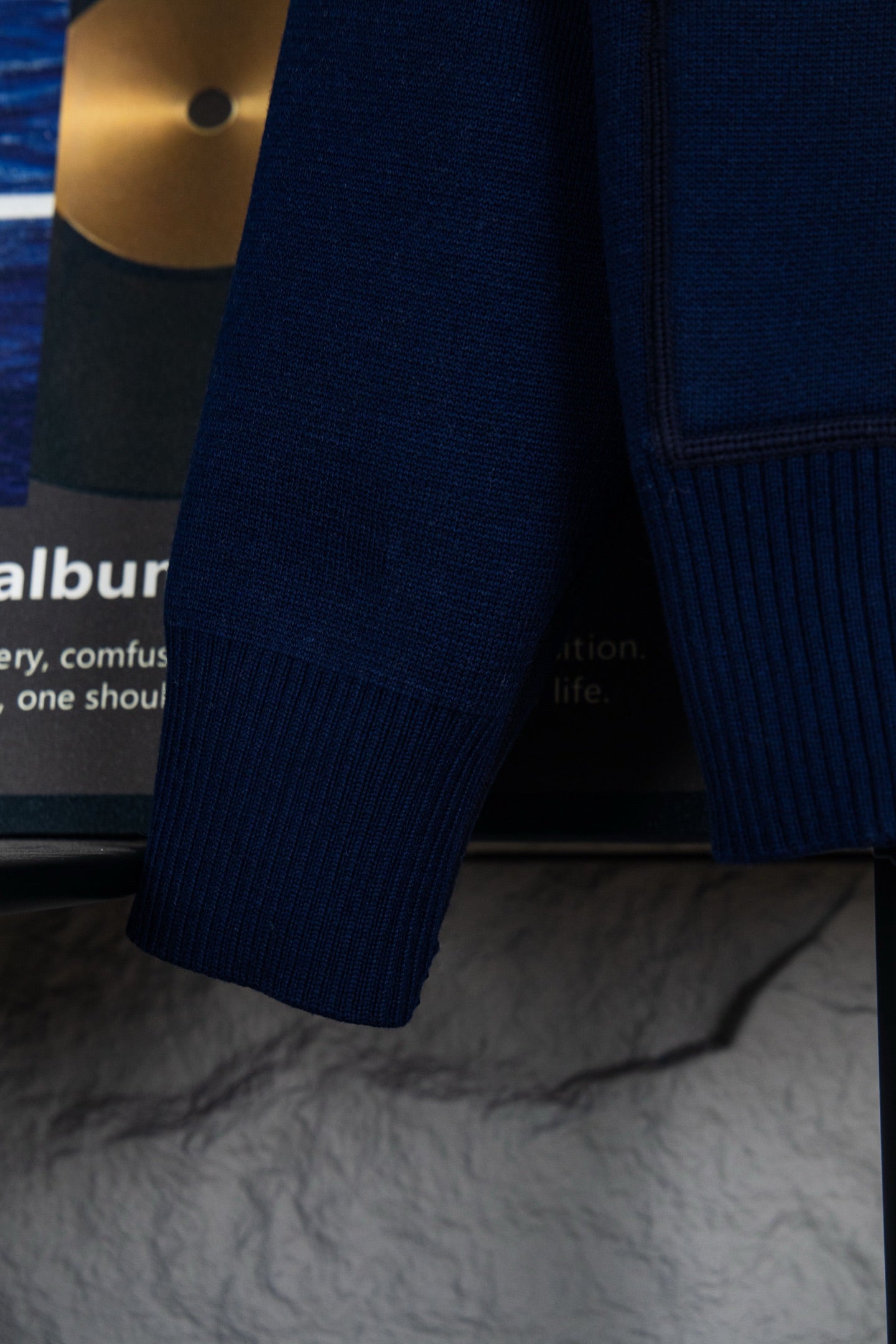 Navy Dior hoodie sleeve cuff with ribbed knit trim