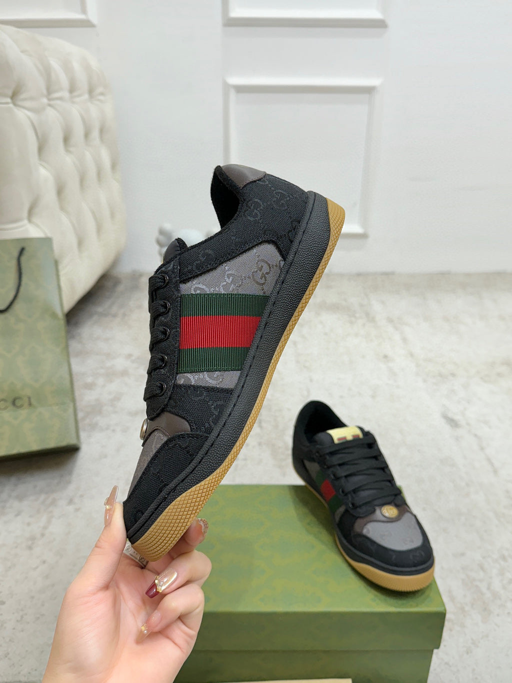 Gucci unisex sneakers, black uppers with GG stripe, red/green detail, gum sole