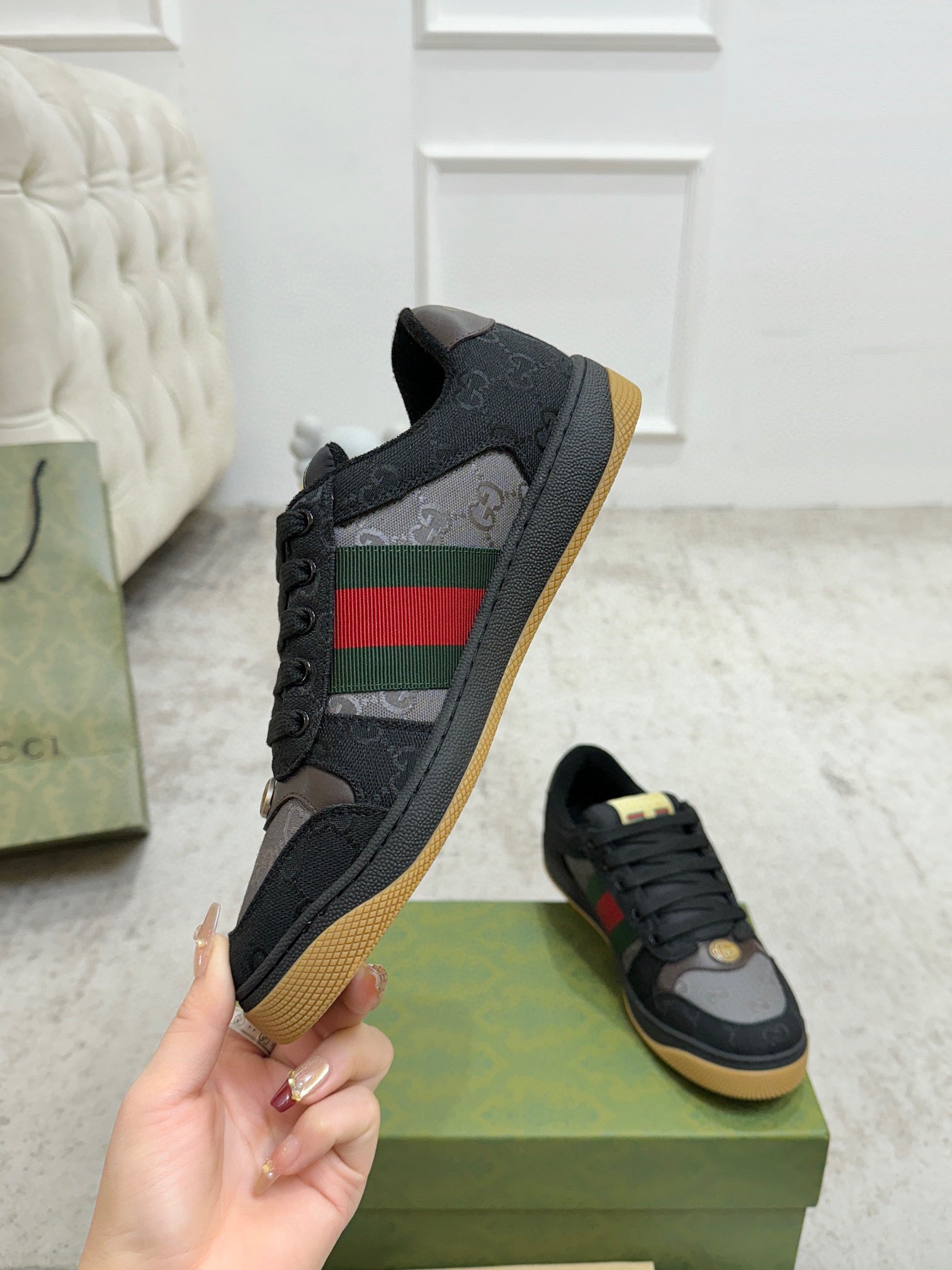 Gucci unisex sneakers, black uppers with GG stripe, red/green detail, gum sole