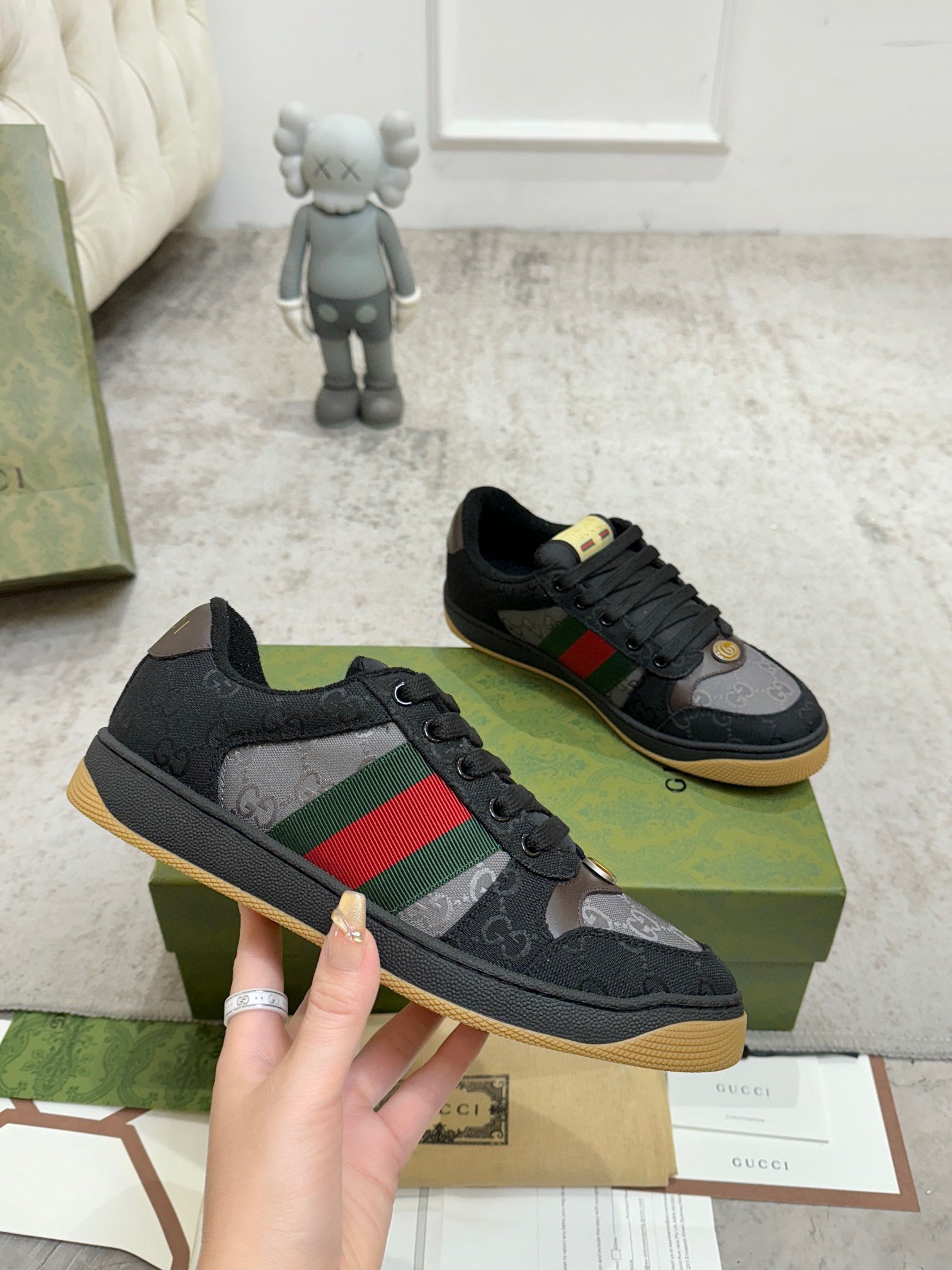 Gucci unisex sneakers, black GG canvas, red/green stripe, tan gum sole