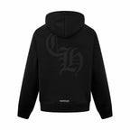 Black long-sleeve hoodie with hood and large embroidered back logo; kangaroo pocket