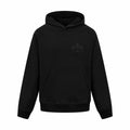 Black long-sleeve hoodie with hood, kangaroo pocket, and small embroidered chest logo