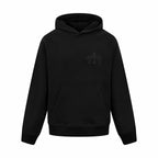 Black long-sleeve hoodie with hood, kangaroo pocket, and small embroidered chest logo