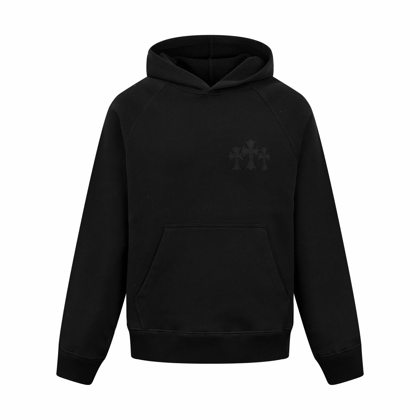 Black long-sleeve hoodie with hood, kangaroo pocket, and small embroidered chest logo