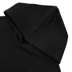 Black hoodie hood and shoulder seam detail with long sleeves