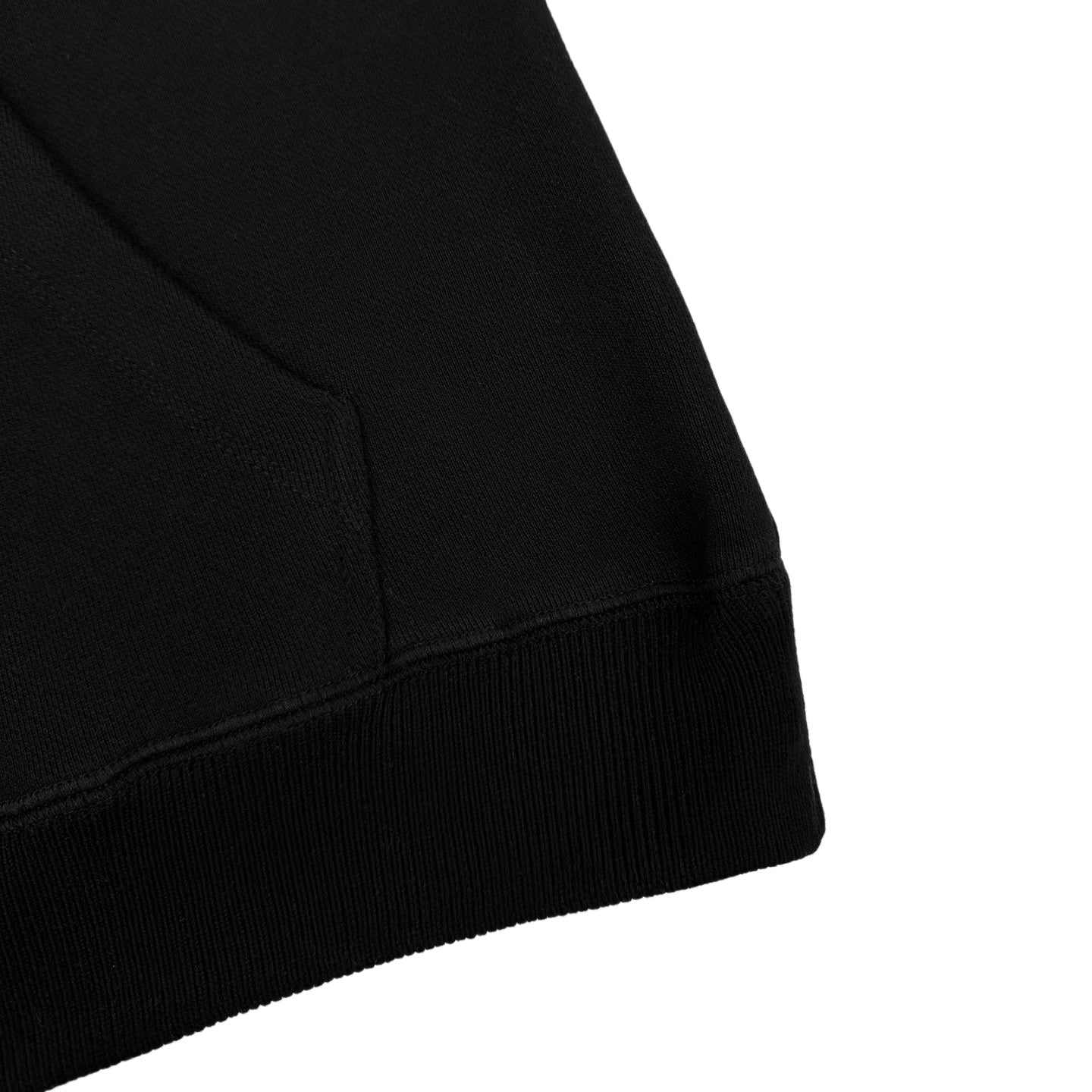 Black hoodie hem with ribbed knit trim and side seam