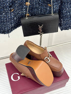 Gucci brown leather heeled loafers, silver horsebit hardware with textured outsole