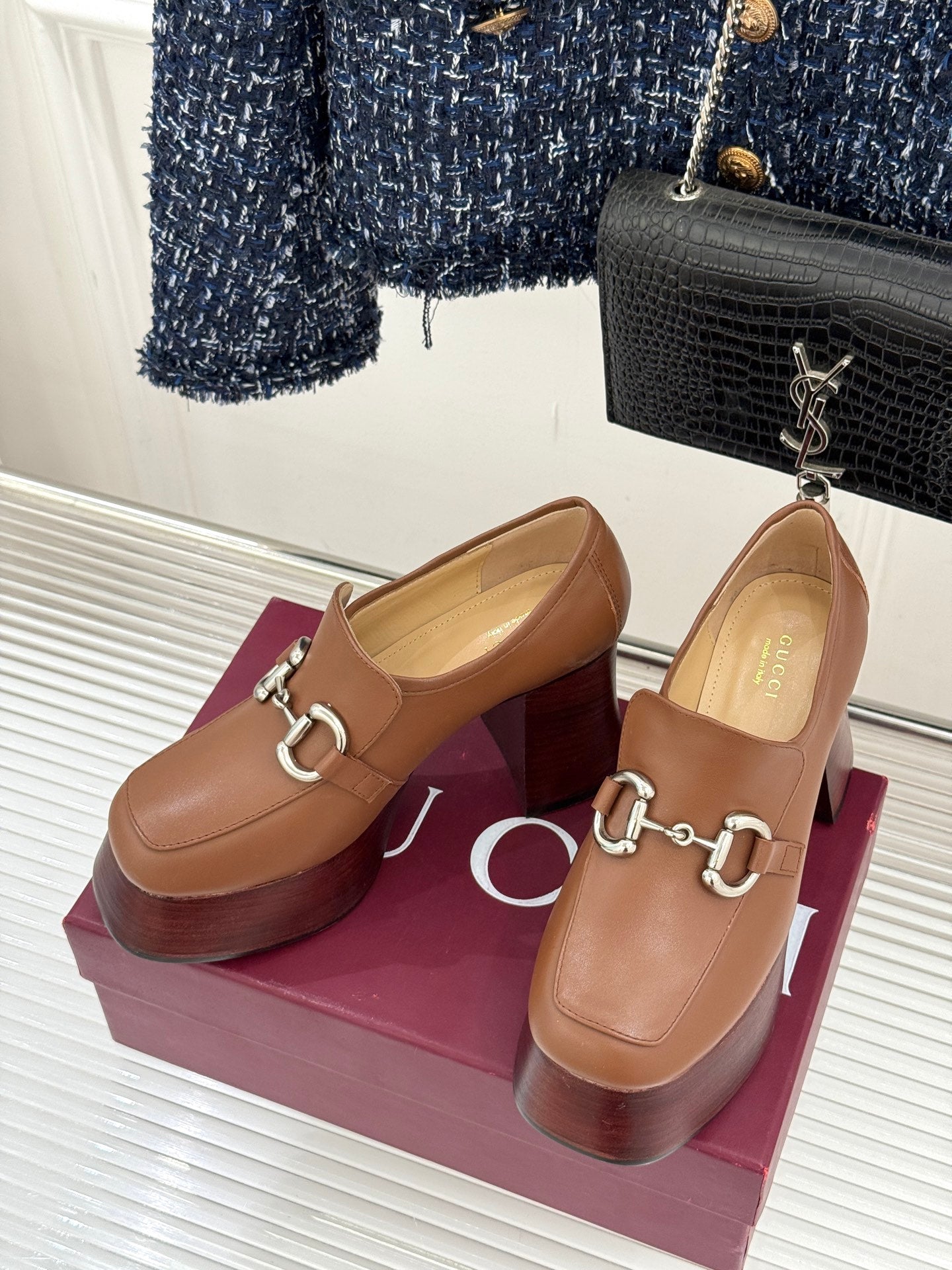 Gucci tan leather loafers with silver horsebit hardware and mid-height block heel