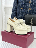 Cream embossed leather loafers with silver horsebit, chunky block heel