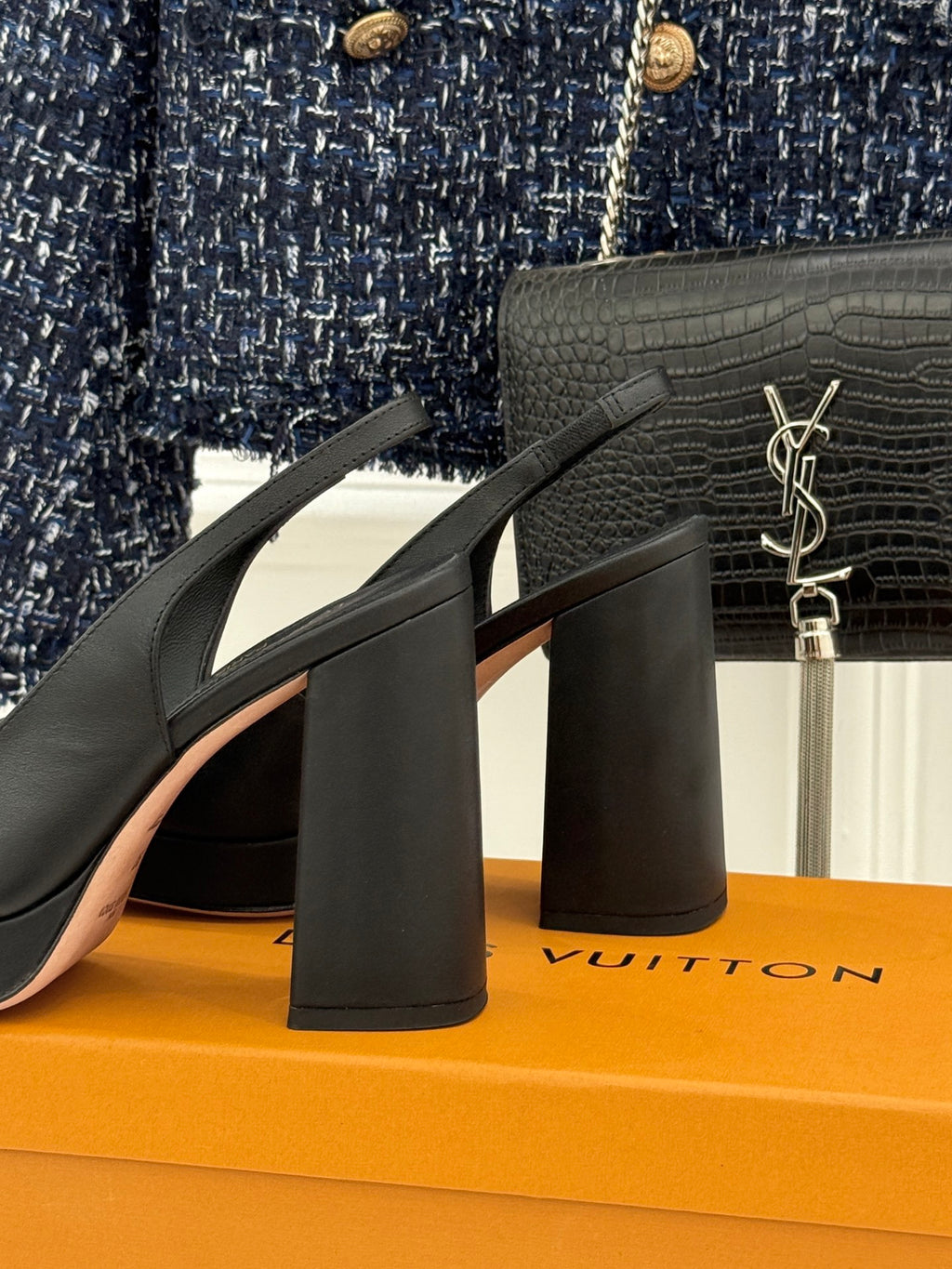 Ladies platform heels with wide block heel, black leather-look, LV logo detail