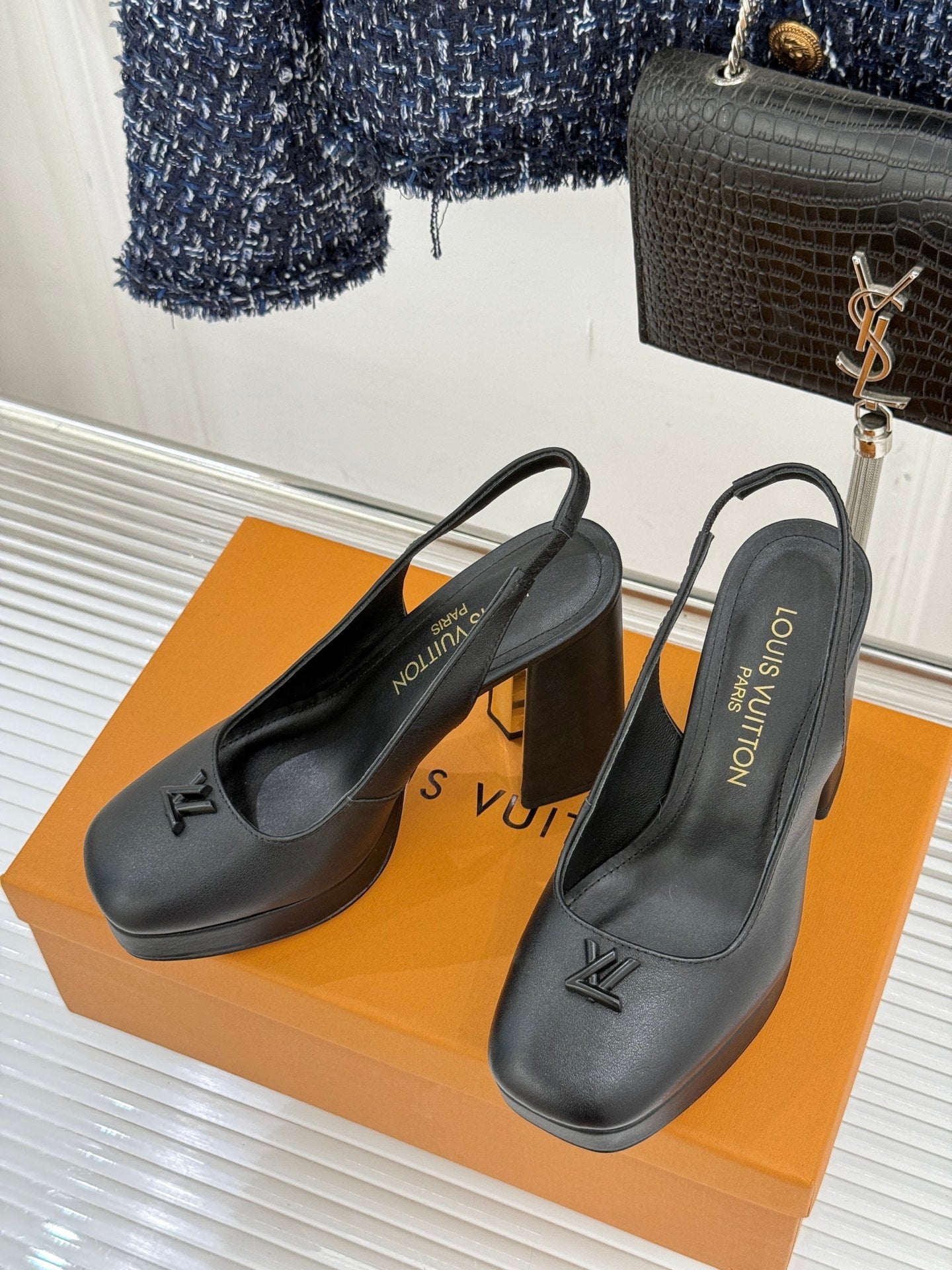 Ladies platform slingback heels, black leather-look, LV logo on toe