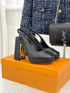 Ladies platform heels with block heel, black leather-look, front LV logo
