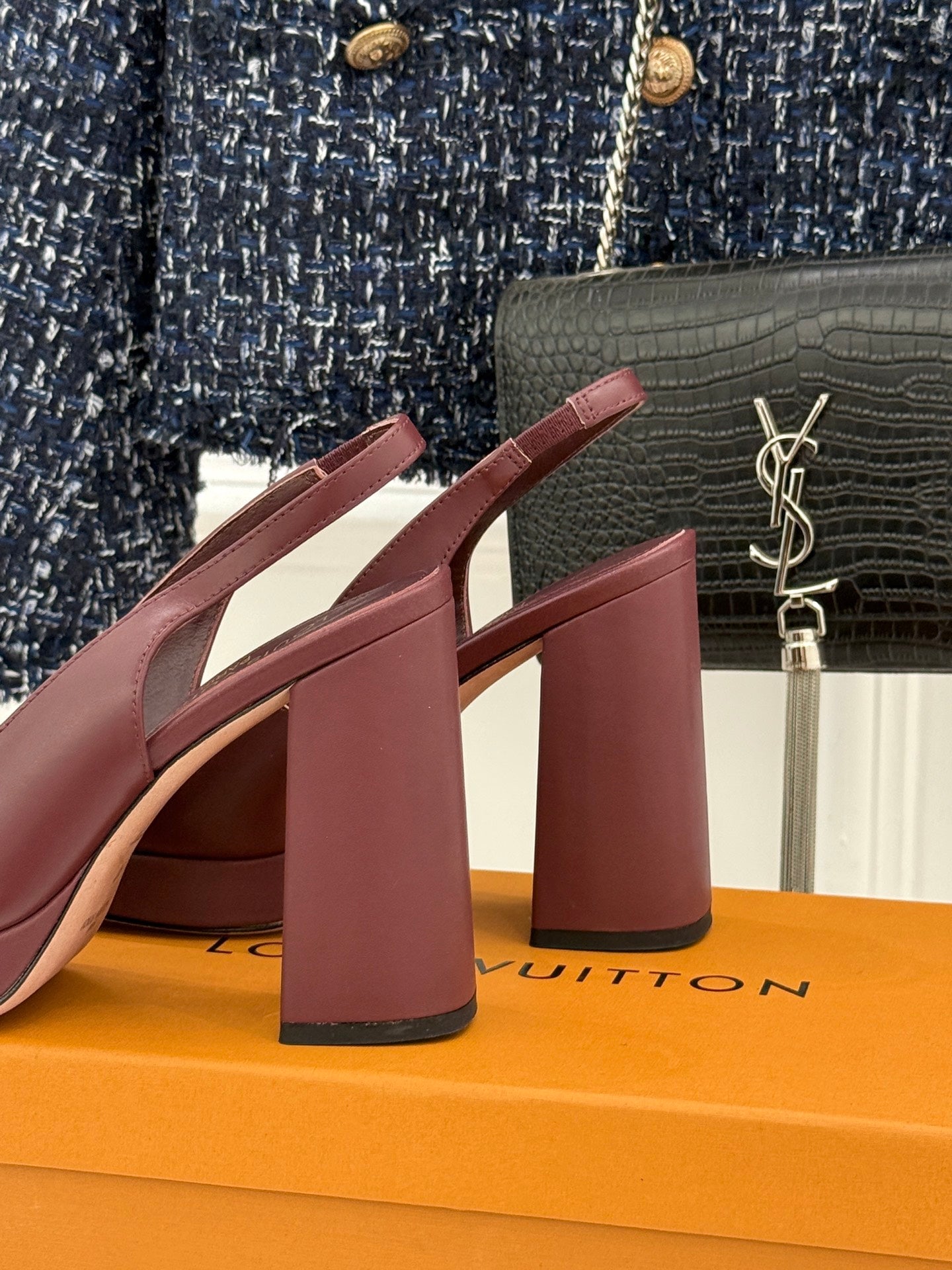 Burgundy leather high-heel shoes with open back and stacked block heels