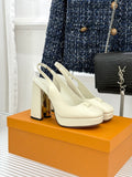 White Louis Vuitton leather platform pumps with block heel and V logo