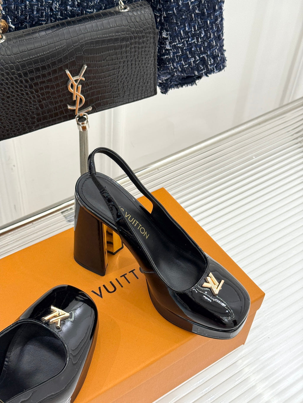 Black patent leather high-heel pumps with LV logo, block heel
