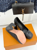 Black leather platform heels with LV monogram, open side view and thick block heel