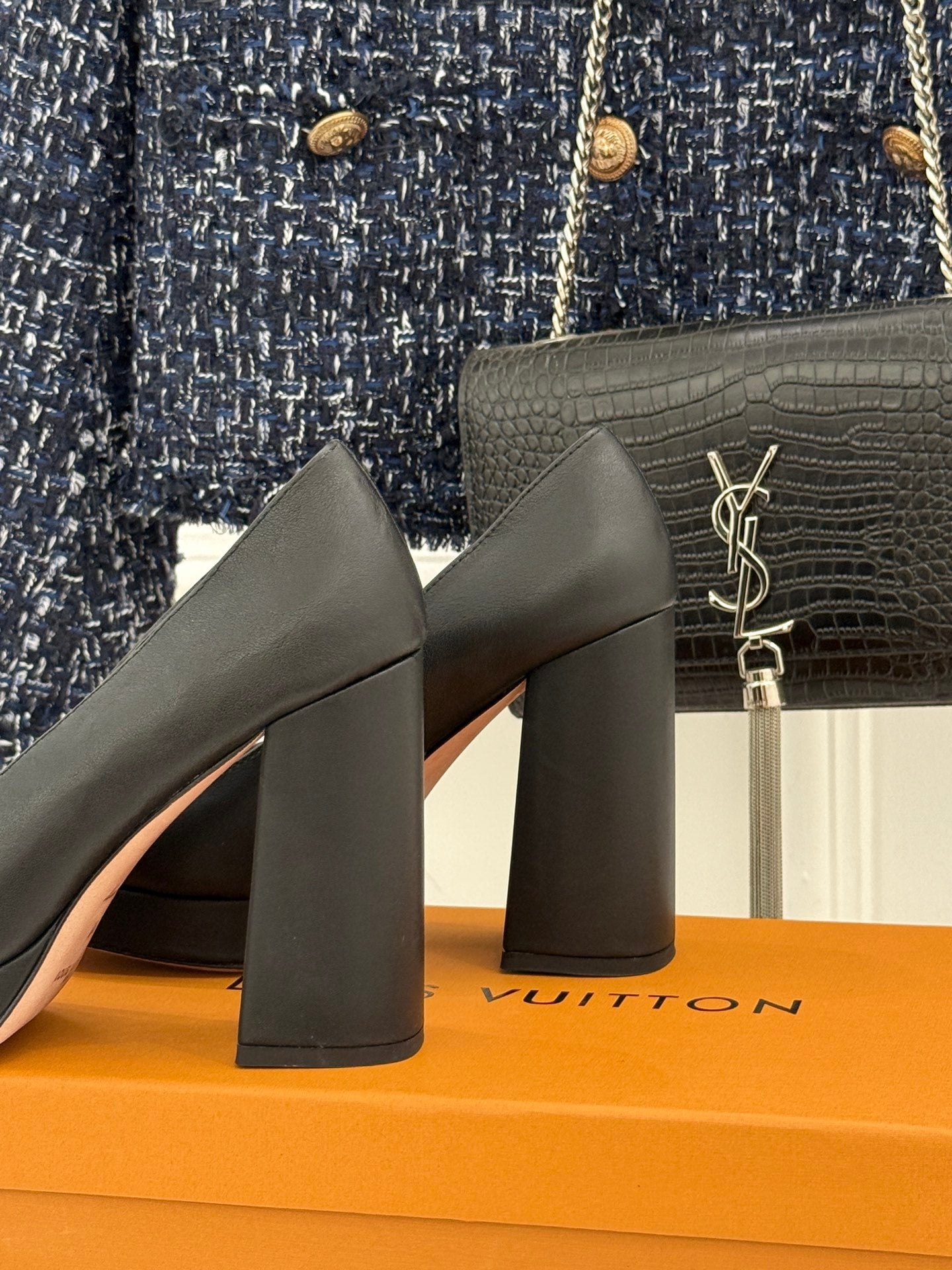 Black leather high block heels with LV monogram, thick square heel and front cutout