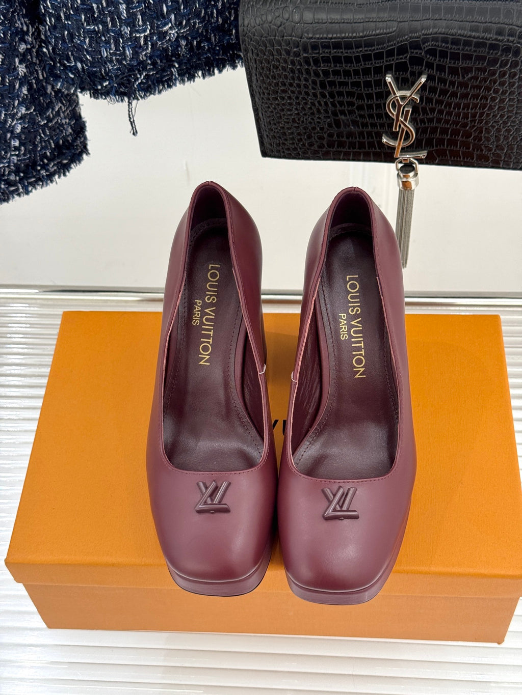 Louis Vuitton ladies platform heels, mauve leather pumps with LV monogram on toe