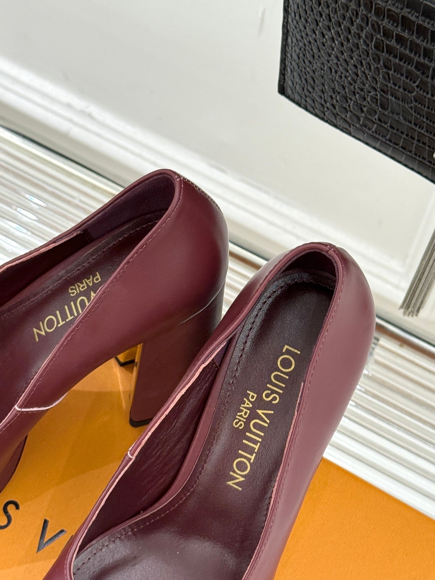 Louis Vuitton ladies platform heels, mauve leather with printed logo on inner lining