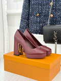 Louis Vuitton ladies platform heels in mauve leather with gold-tone block heel