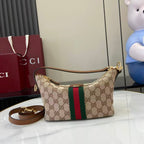 Gucci monogram hobo bag in beige canvas with green and red web stripe
