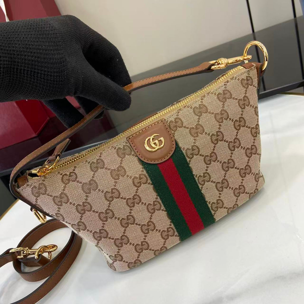 Gucci monogram crossbody bag in beige canvas with green red web stripe and zipper